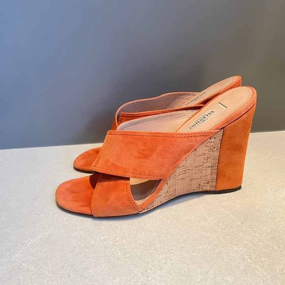 Valentino Crossover Wedge Heels 38 8 Orange Rust Suede Cork Slides Sandals - Picture 2 of 8
